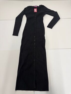 Edikted Black Long Sleeve Button-Front Ribbed Maxi Dress